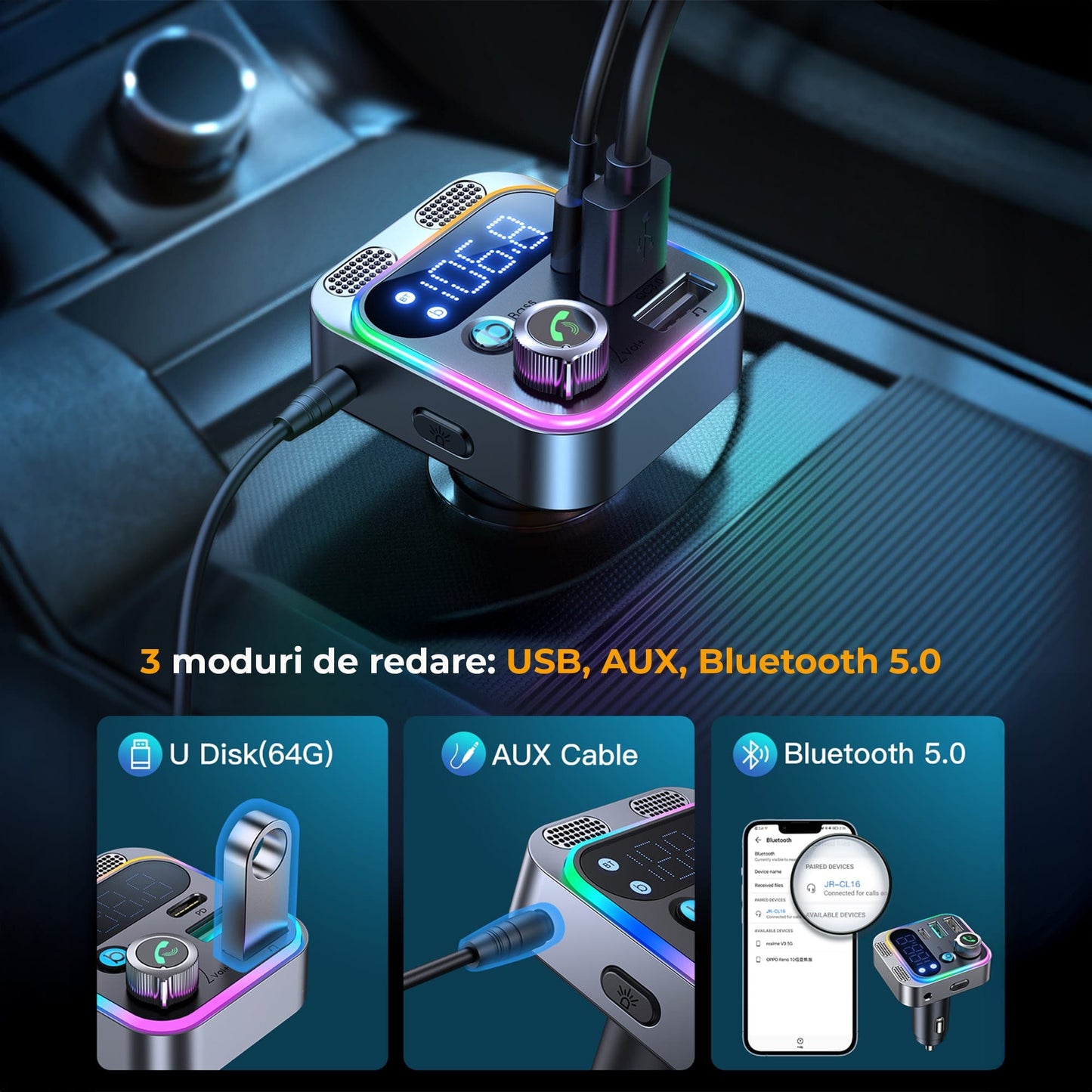 Modulator FM Auto Bluetooth 5 Timebox, Microfoane Duale, Negru
