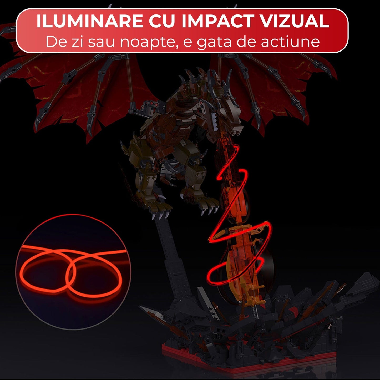 Set Constructie Dragon De Foc 2 In 1 Timebox, 1774 Piese LED ABS, Rosu