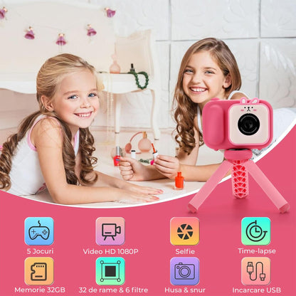 Camera Video Digitala pentru Copii cu Ecran Mare 2, Card 32GB, Roz