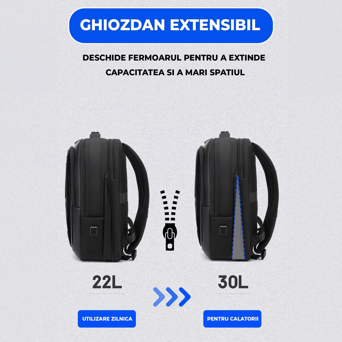 Ghiozdan Timebox, Extensibil, Waterproof, pana la 16 inch, Negru