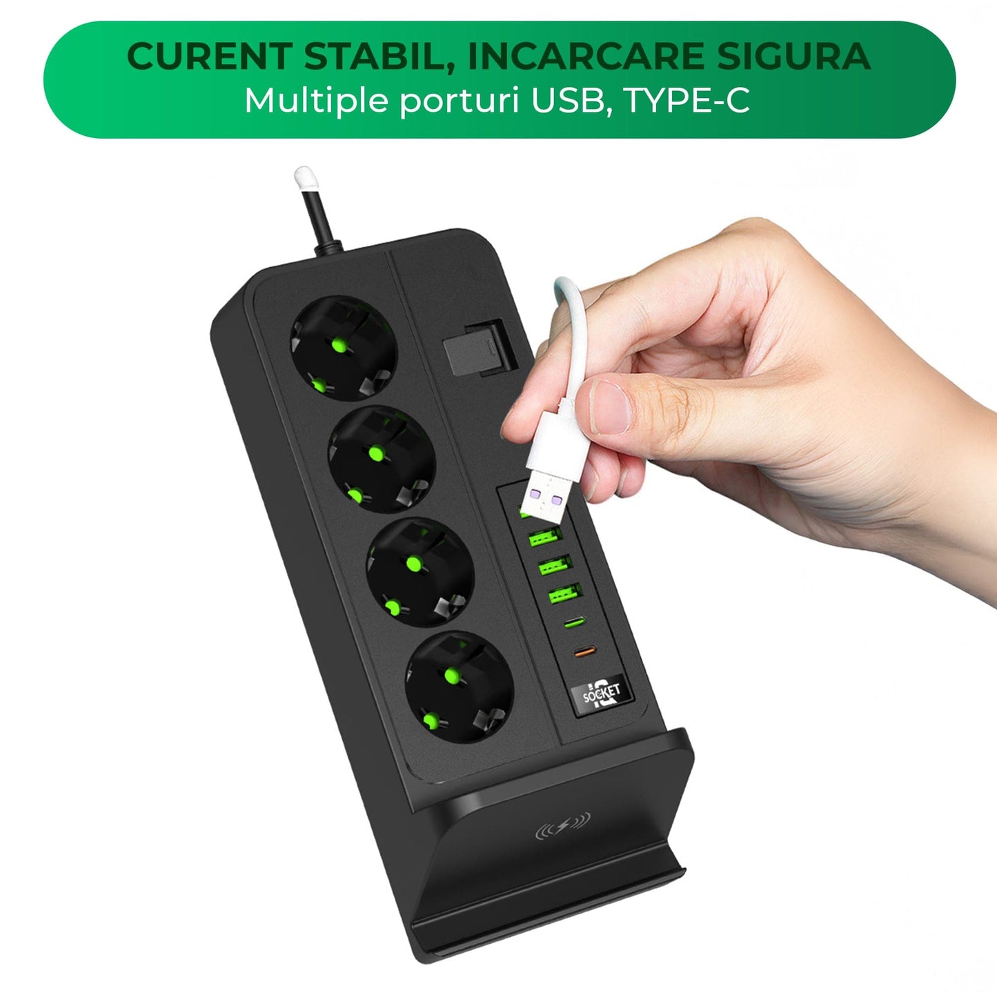 Priza Timebox, standard cu comutator 3000W, 4 x USB, 2 x Type-C, 4 prize, Negru