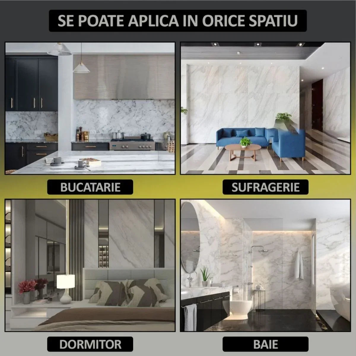 Set 6 panouri decorative autoadezive cu folie de aluminiu, efect marmura,  suprafata acoperita 1.08 m², Naimeed D7131, 60x30 cm, Crem