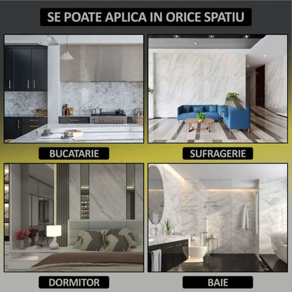 Set 6 panouri decorative autoadezive cu folie de aluminiu, efect marmura,  suprafata acoperita 1.08 m², Naimeed D7109, 60x30 cm, Alb