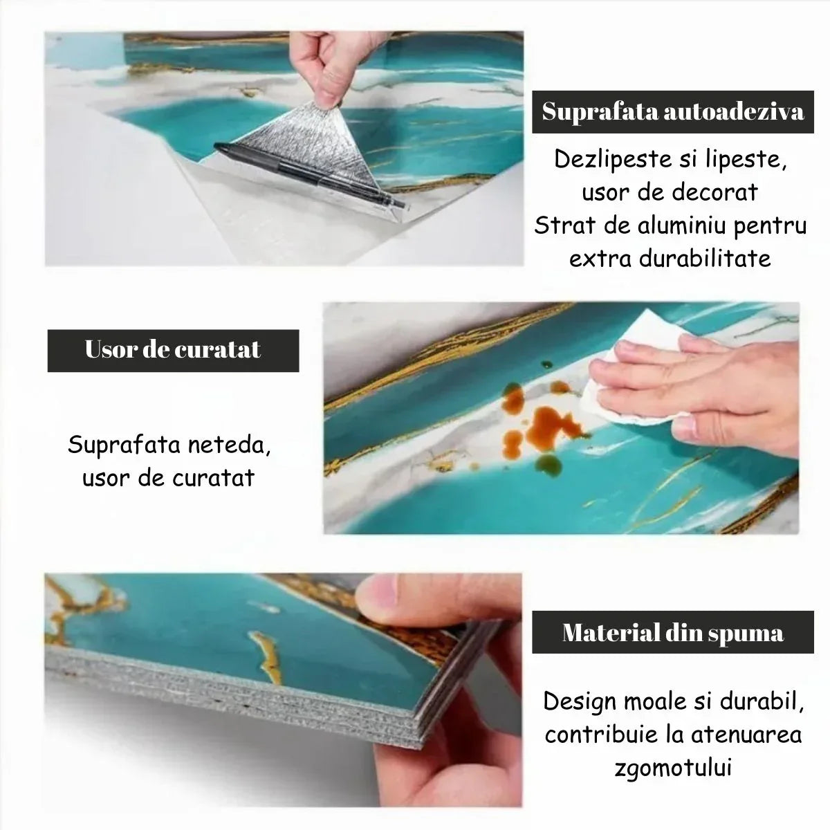 Set 6 panouri decorative autoadezive cu folie de aluminiu, efect marmura,  suprafata acoperita 1.08 m², Naimeed D7106, 60x30 cm, Gri