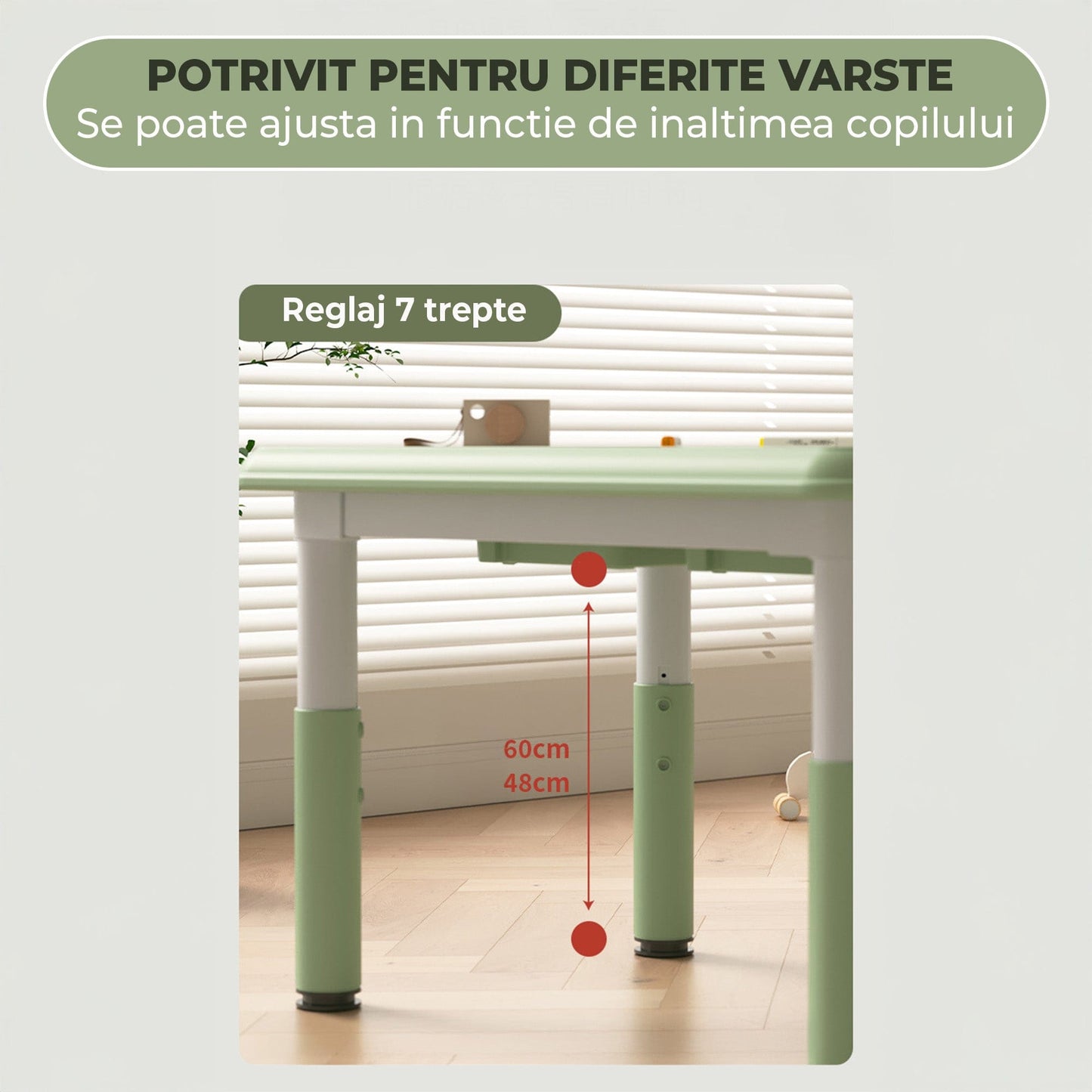 Set Masa si 2 Scaune Reglabile pentru Copii, Desen si Invatare, Verde