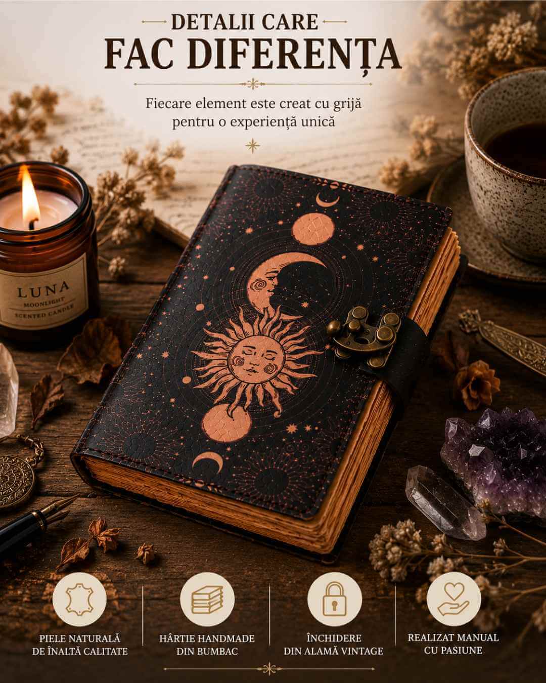 Jurnal Vintage din Piele cu Design Soare și Lună - Manual, cu Pagini de Hârtie Bumbac Galben 190-200 Pagini