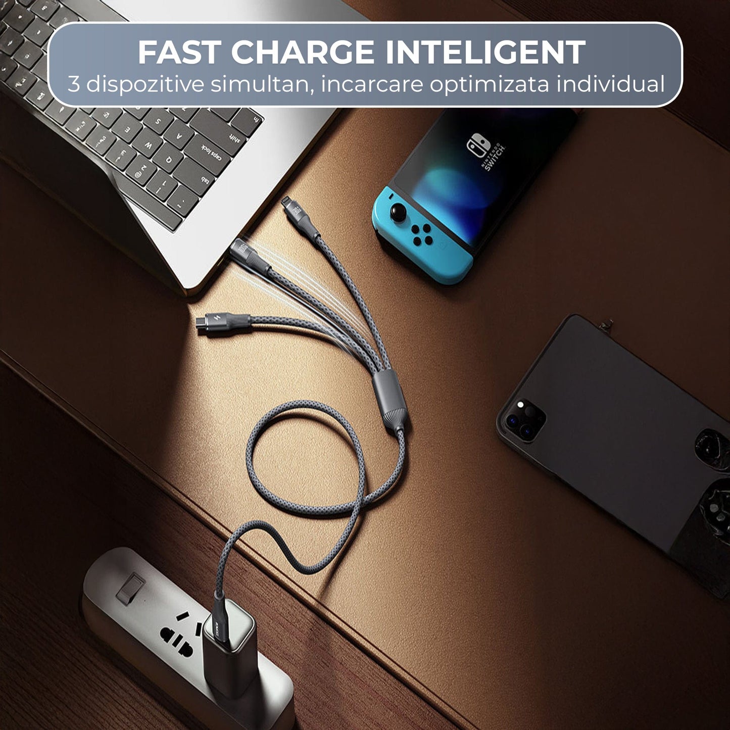 Cablu de Incarcare 3 in 1 Timebox, USB-C la Type-C, 100W, 1,5m, Lightning, Negru