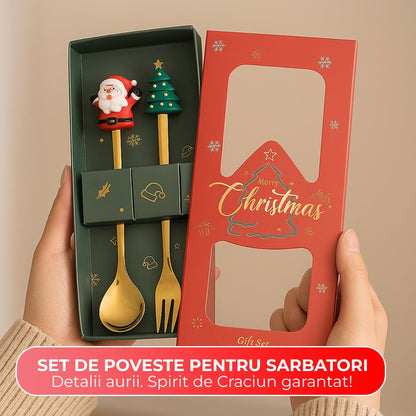 Set 2 Lingurite si Furculite Inox Craciun, Modele Festive cu Ren, Brad