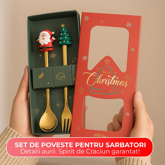 Set 2 Lingurite si Furculite Inox Craciun, Modele Festive cu Ren, Brad