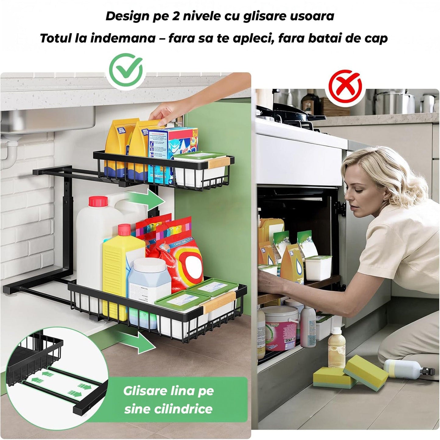 Set 2 Organizatoare Metalice cu Sertar Glisant pentru Dulap, 2 Niveluri