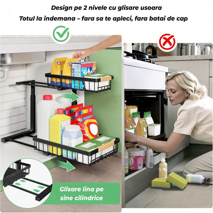 Set 2 Organizatoare Metalice cu Sertar Glisant pentru Dulap, 2 Niveluri