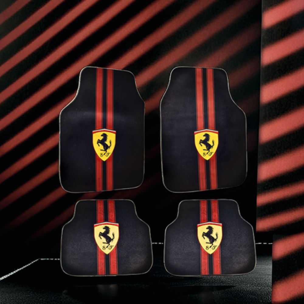 Covorașe auto universale DECOMAT – set 4 bucăți lavabile, antiderapante, cu imprimeu sport „Scuderia Style”