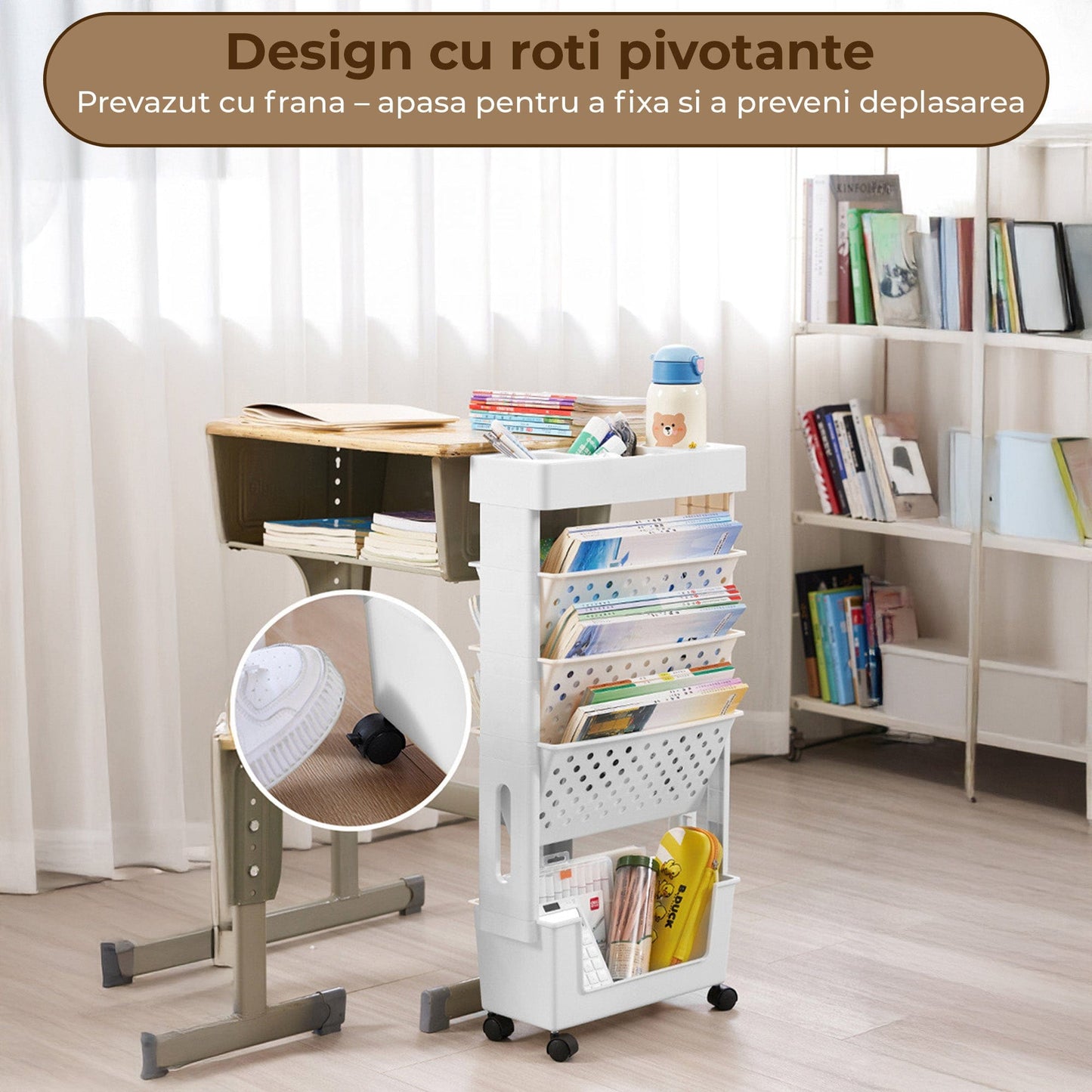 Etajera Multifunctionala cu 5 Rafturi pe Roti, Birou, Clasa sau Dormitor, Gri