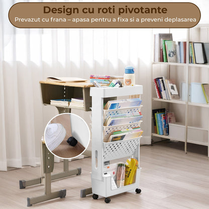 Etajera Multifunctionala cu 5 Rafturi pe Roti, Birou, Clasa sau Dormitor, Gri