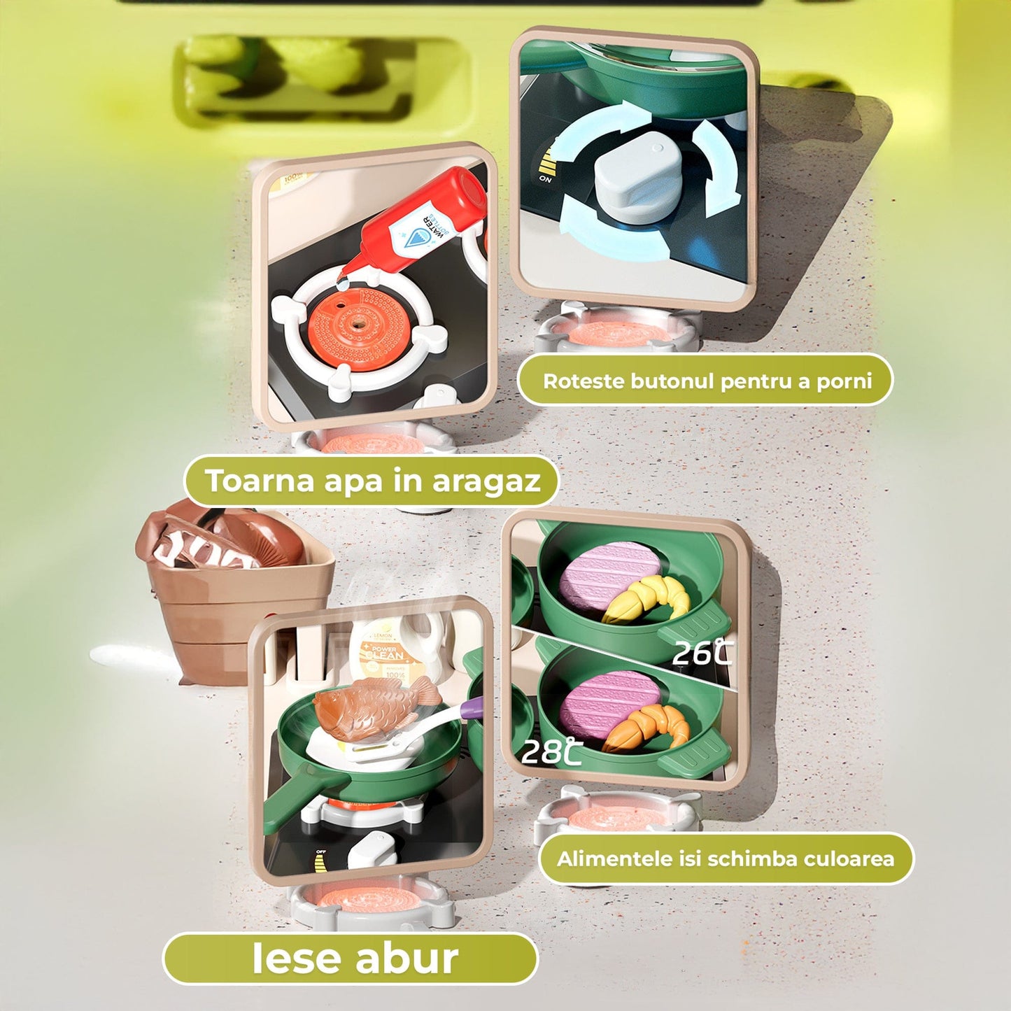 Set Bucatarie pentru Copii cu Abur Real, Apa Curenta, Sunete si Lumini, Verde