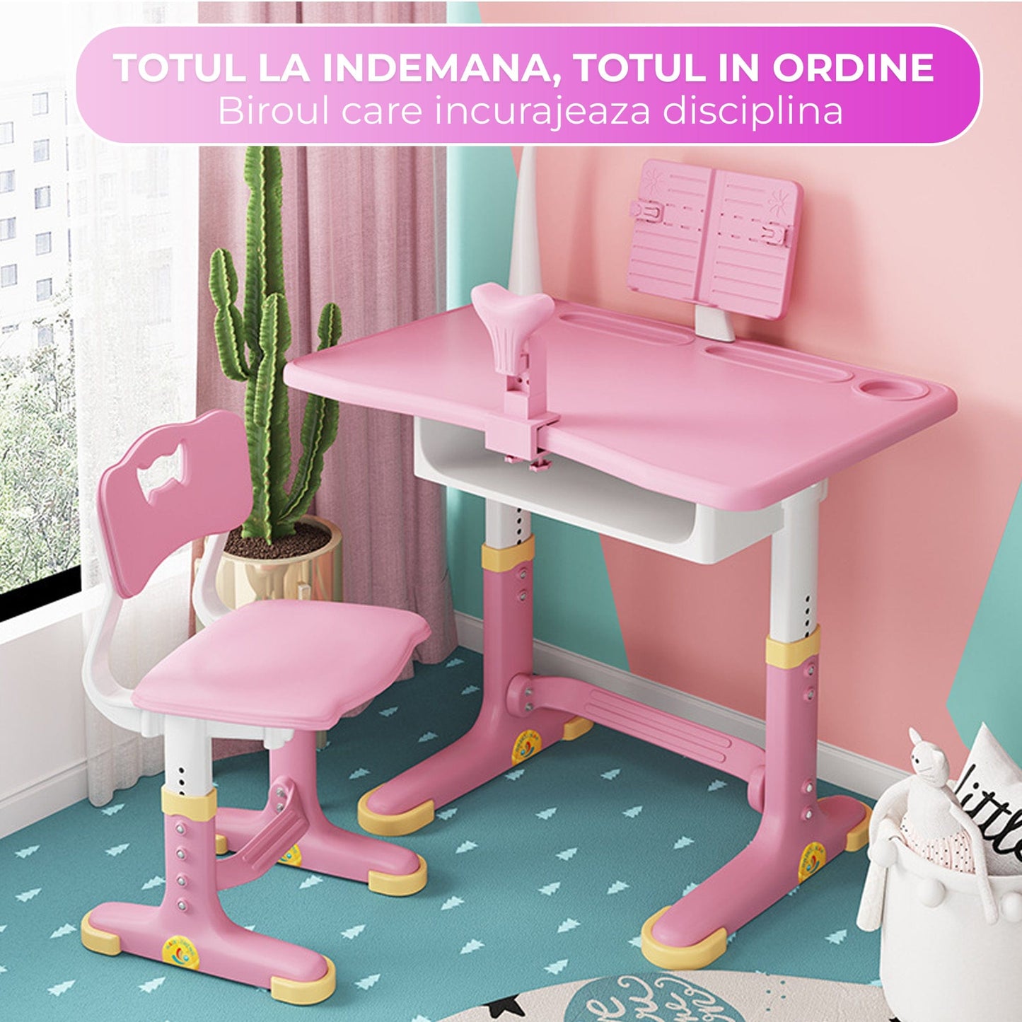 Set Birou Copii + Scaun, Reglabil 6-18 ani, Blat 70x45 cm, Roz