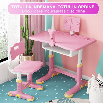 Set Birou Copii + Scaun, Reglabil 6-18 ani, Blat 70x45 cm, Roz