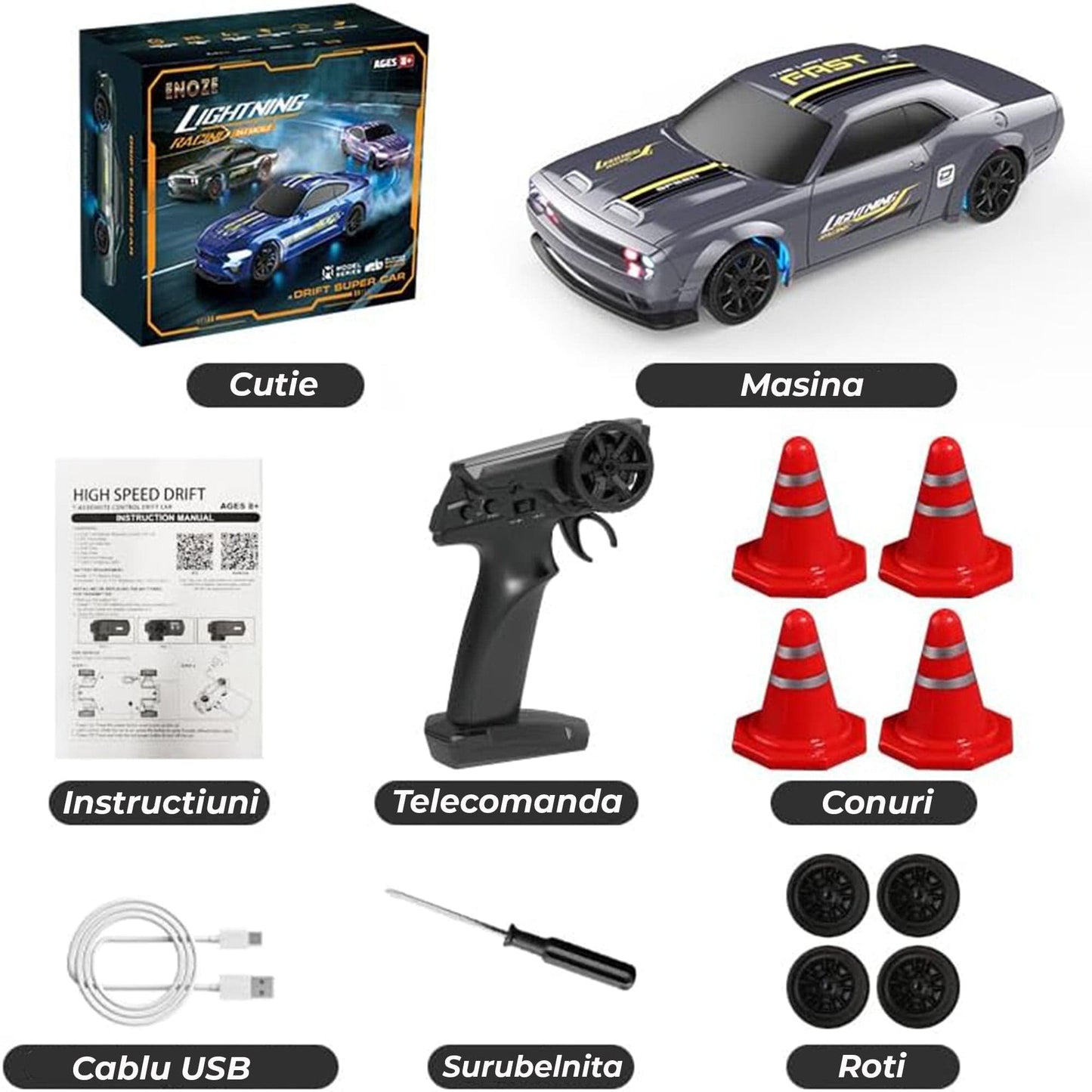 Masina RC Drift 1:43 cu Tractiune Integrala, 4 GHZ, Efecte Luminoase, Gri