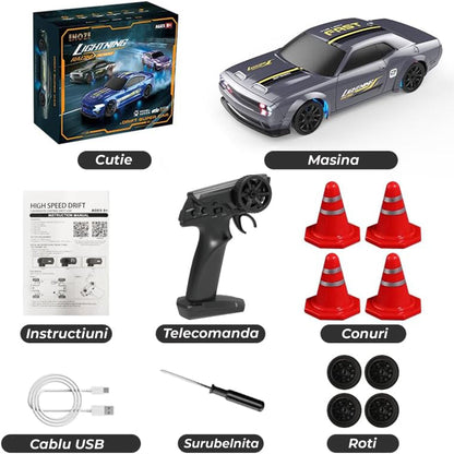 Masina RC Drift 1:43 cu Tractiune Integrala, 4 GHZ, Efecte Luminoase, Gri