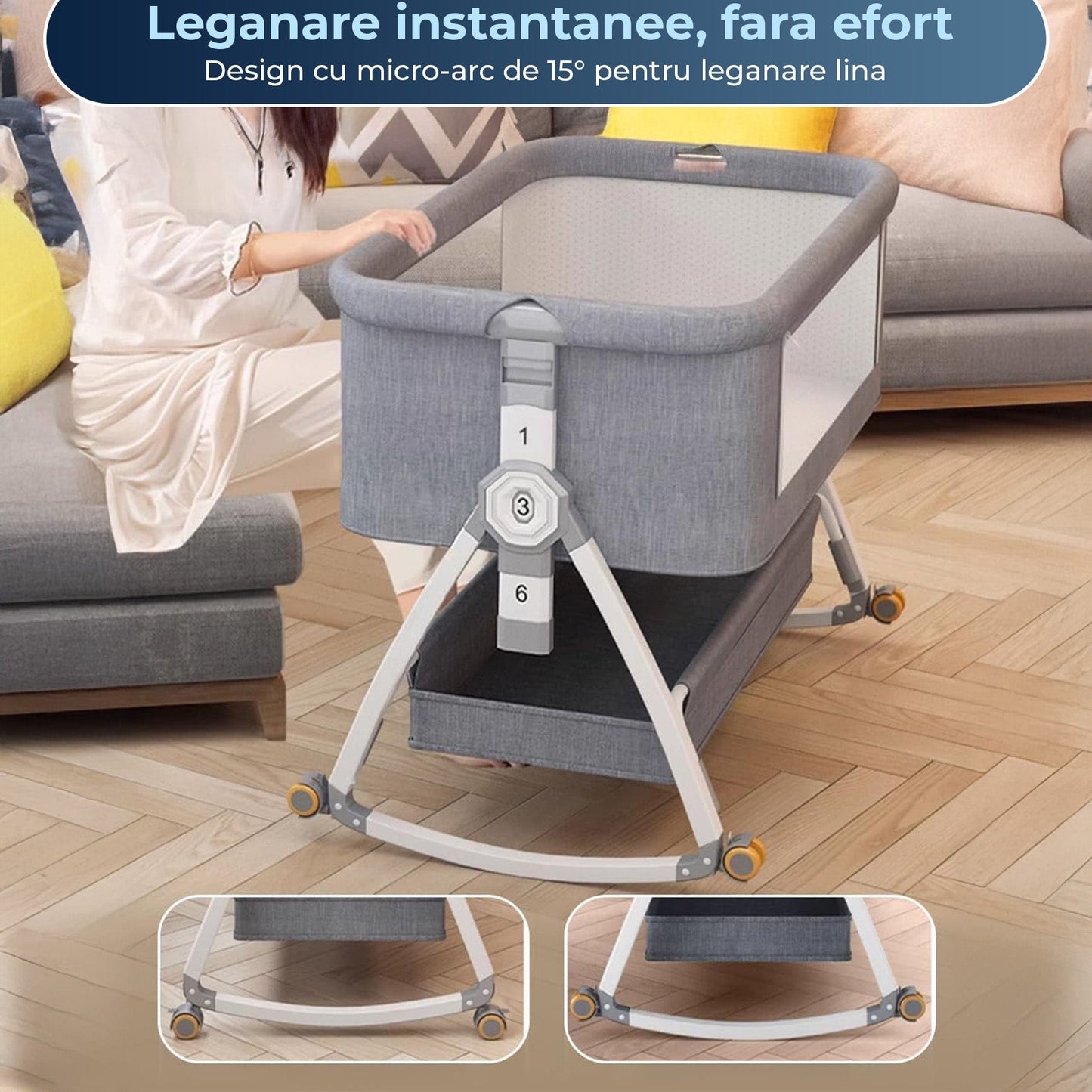Patut Portabil pentru Bebelusi, Roti, Reglabil pe 6 Inaltimi, Gri