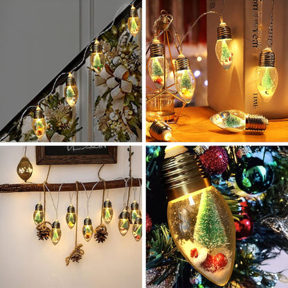 Instalatie Craciun, 10 becuri LED Snow Globe, Decor cu braduti si zapada