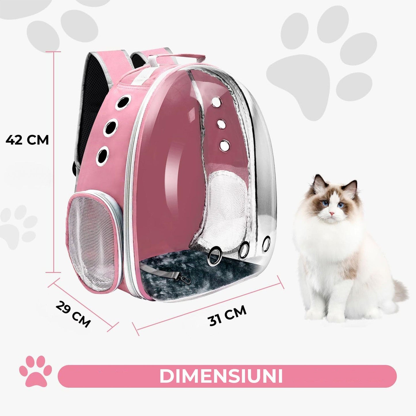 Rucsac Transparent pentru Pisici si Caini Mici, Ventilatie Avansata, Roz