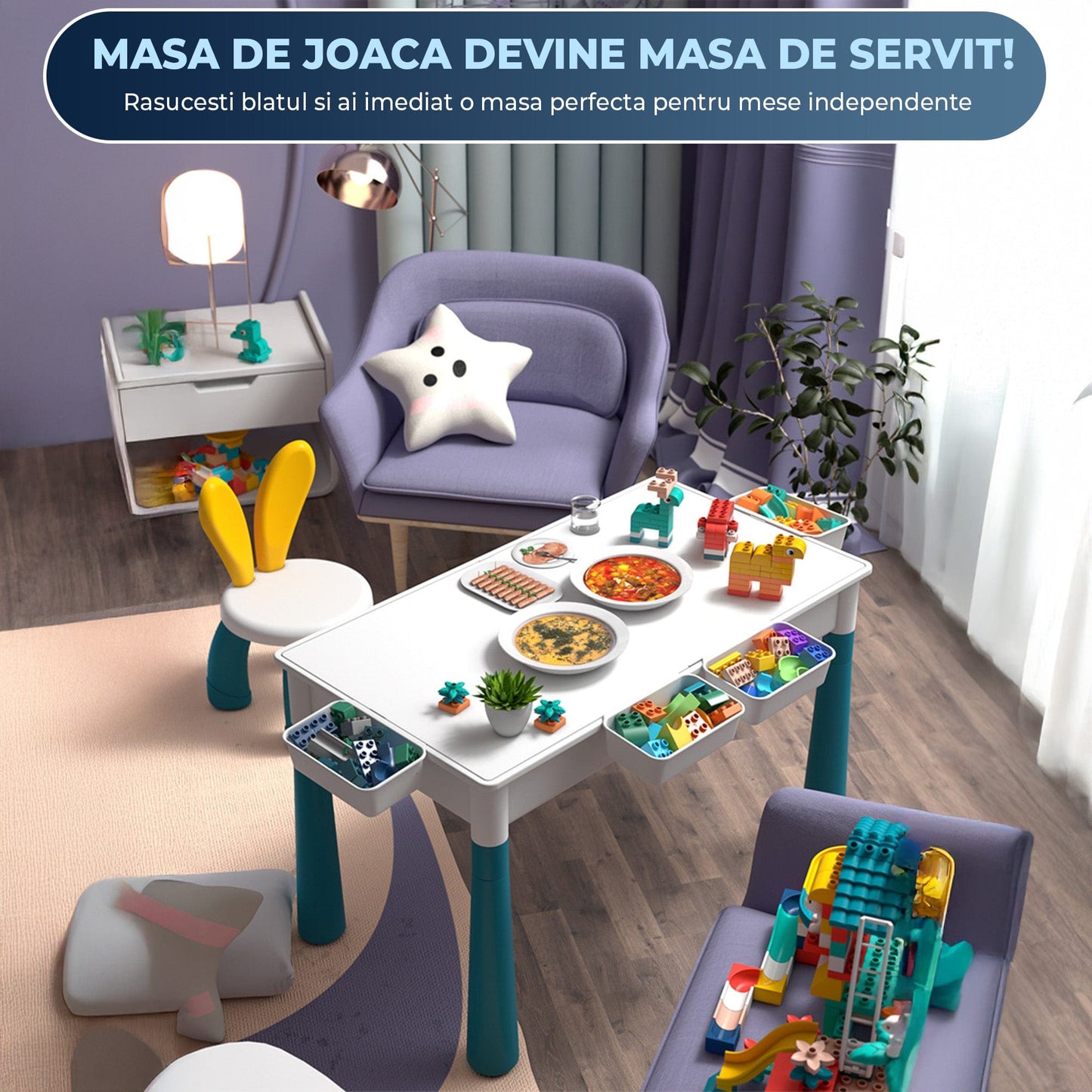 Masa Multifunctionala cu Piese Compatibile Lego Duplo, Set 61x41cm cu 442 Piese