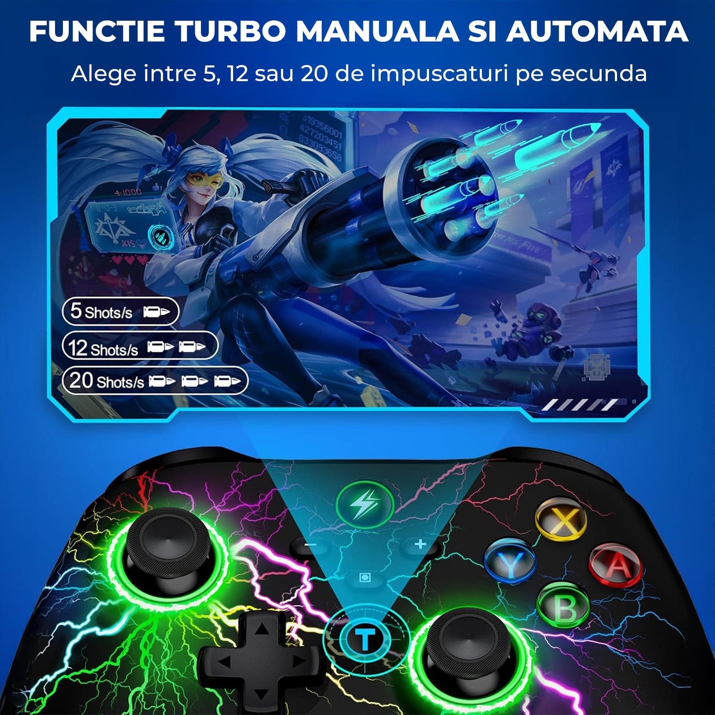 Controller Wireless Timebox, RGB, LED 9 Culori, Turbo Ajustabil, Vibratii, Negru
