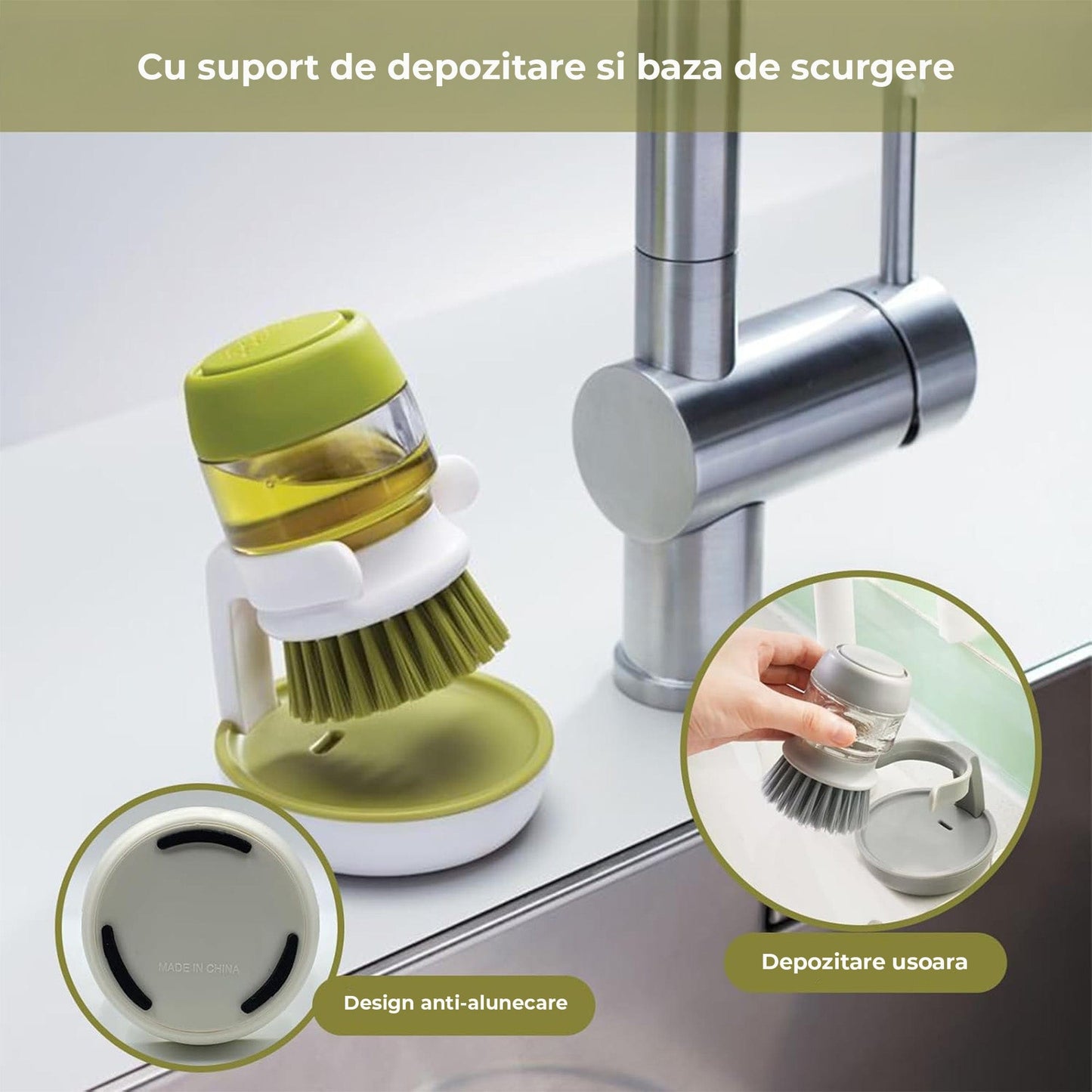Dispenser Detergent cu Perie si Suport de Scurgere, Dozare Automata, Gri