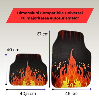 Covorașe auto universale DECOMAT 3D – set 4 bucăți cu imprimeu flăcări, lavabile, antiderapante