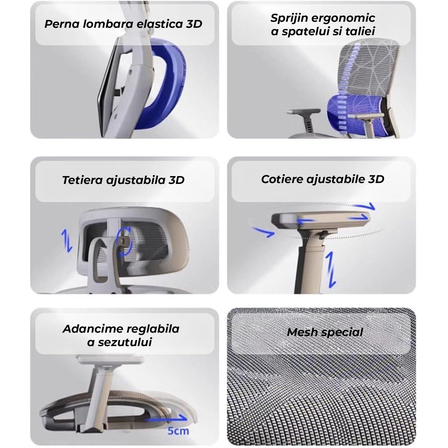 Scaun Ergonomic de Birou, Reglaj Inaltime si Brate 2D/3D, Gri