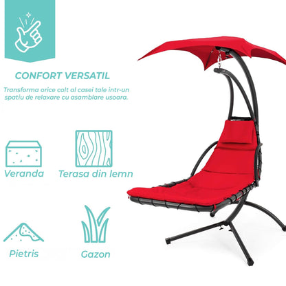 Balansoar tip Sezlong Suspendat de Exterior cu Copertina, Perna Ergonomica, Rosu