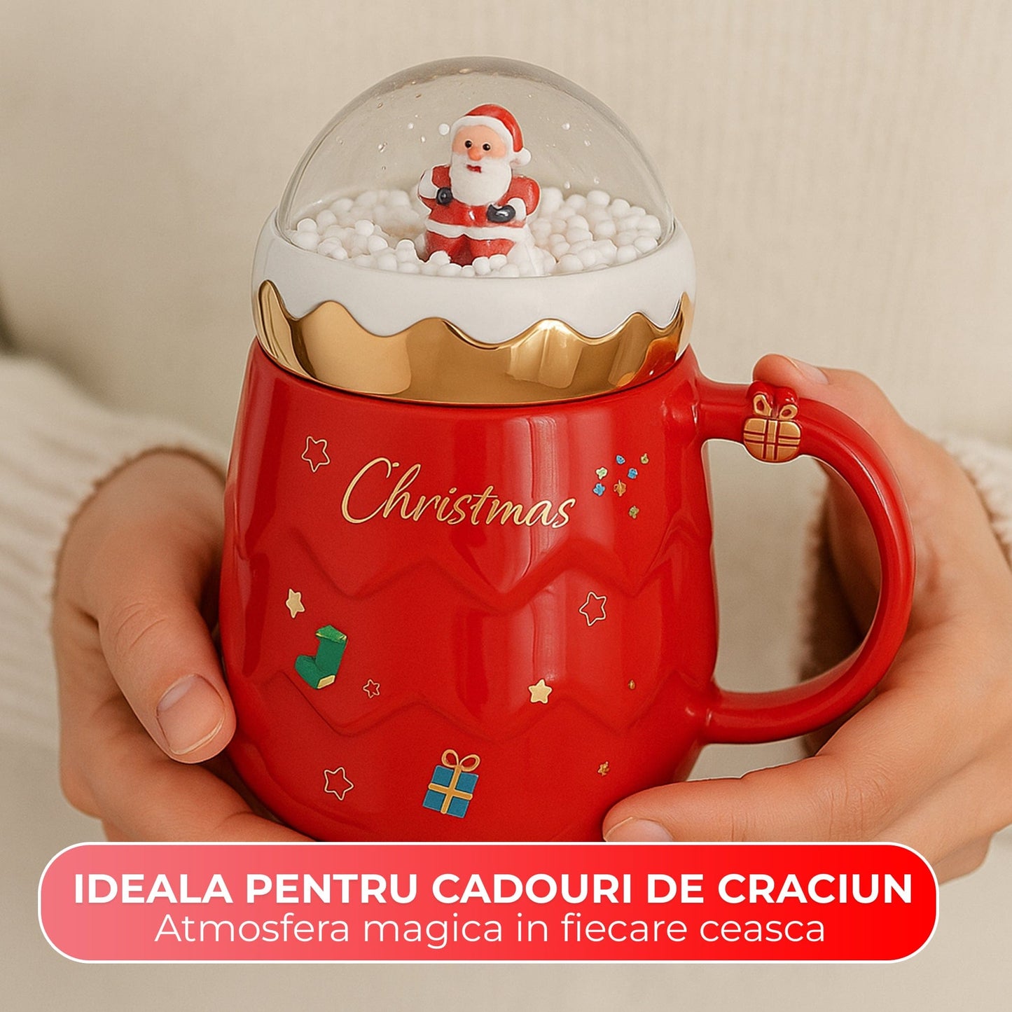 Cana ceramica cadou cu tematica de Craciun, Snow-globe, Capac & maner, Rosu