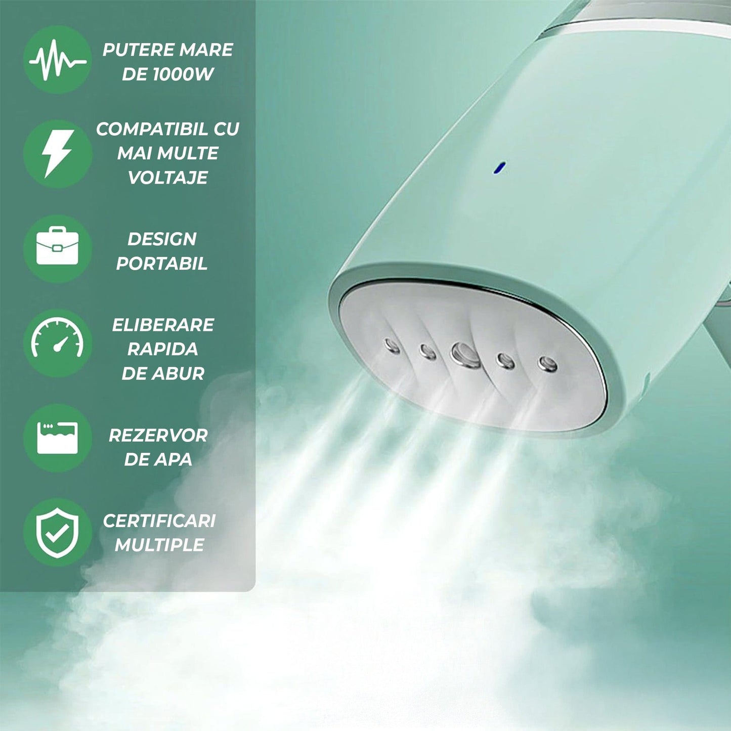 Steamer de Haine Portabil, 1000W, Compact si Pliabil, Verde