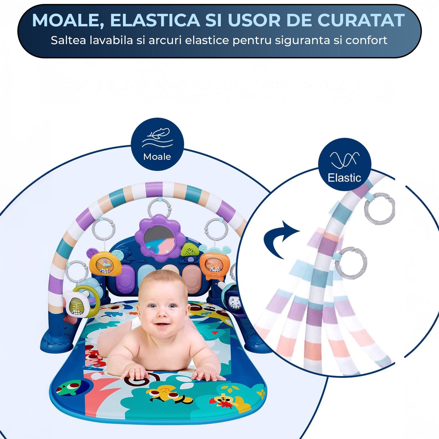 Saltea de Joaca cu Pian si Jucarii Senzoriale, cu Lumini, Muzica, Albastru