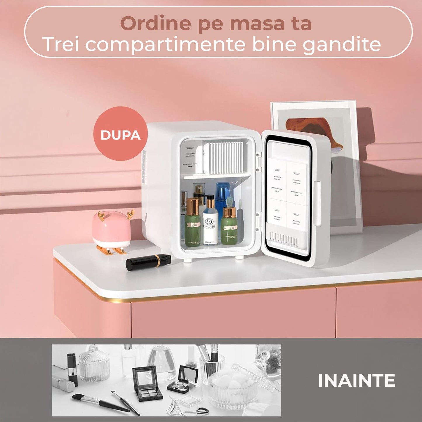 Mini Frigider Cosmetice cu Oglinda LED Reglabila, Alb