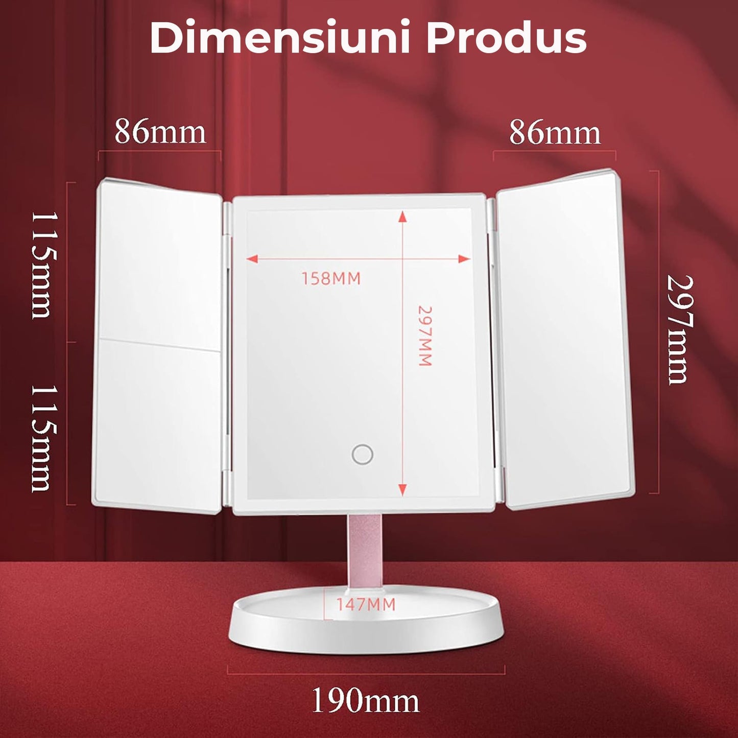 Oglinda Cosmetica Pliabila cu Iluminare LED, Trifold cu Marire 1X/2X/3X