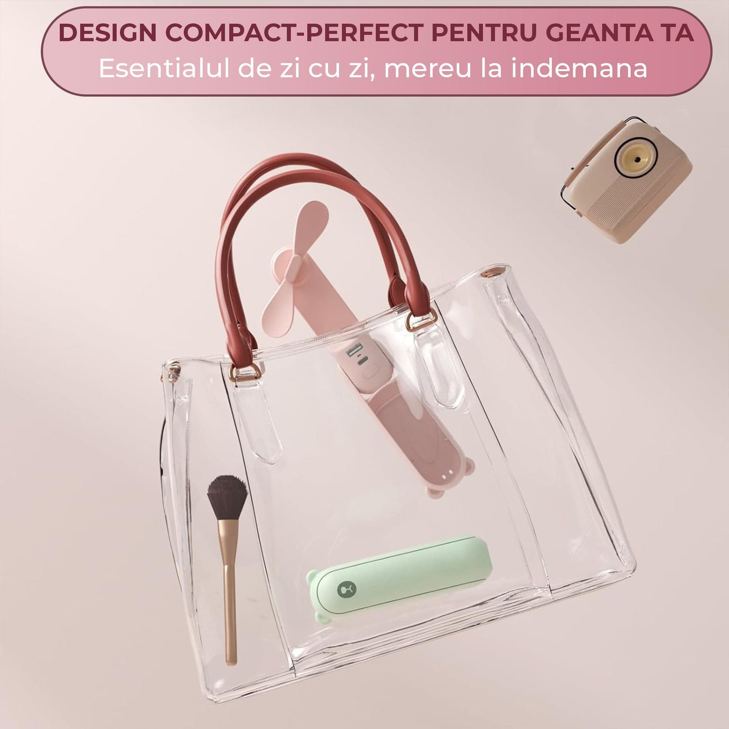 Mini Ventilator Portabil 3 in 1, Reincarcabil USB, Roz