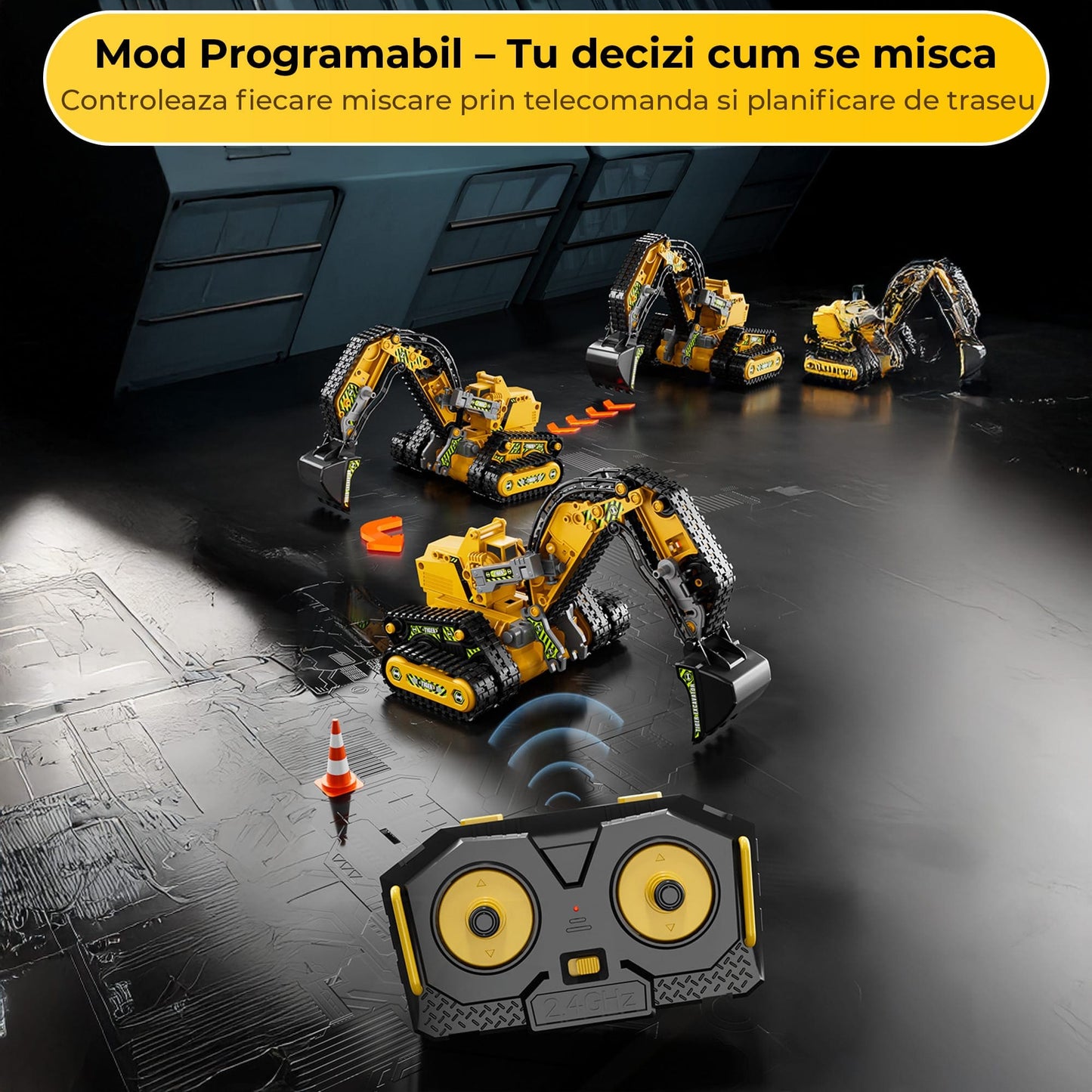 Set 4 in 1 Excavator Constructii Electric cu Telecomanda, Tanc, Galben