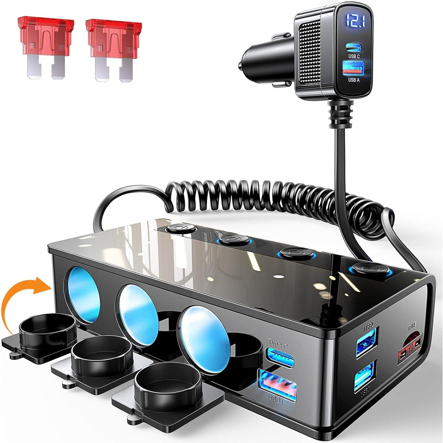 Adaptor pentru bricheta auto Timebox, 9 in 1, 3 x soclu auto, Negru