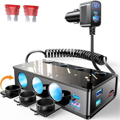 Adaptor pentru bricheta auto Timebox, 9 in 1, 3 x soclu auto, Negru