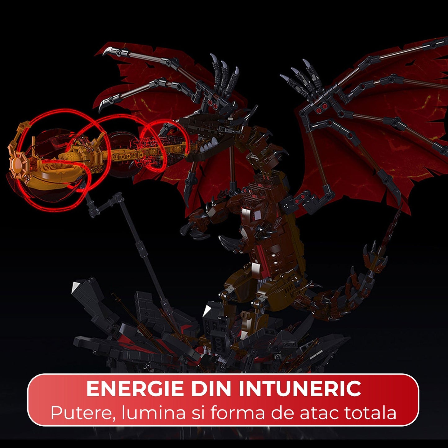 Set Constructie Dragon De Foc 2 In 1 Timebox, 1774 Piese LED ABS, Rosu