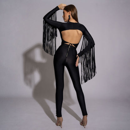 Bluza dama neagra modelatoare cu spate gol si franjuri