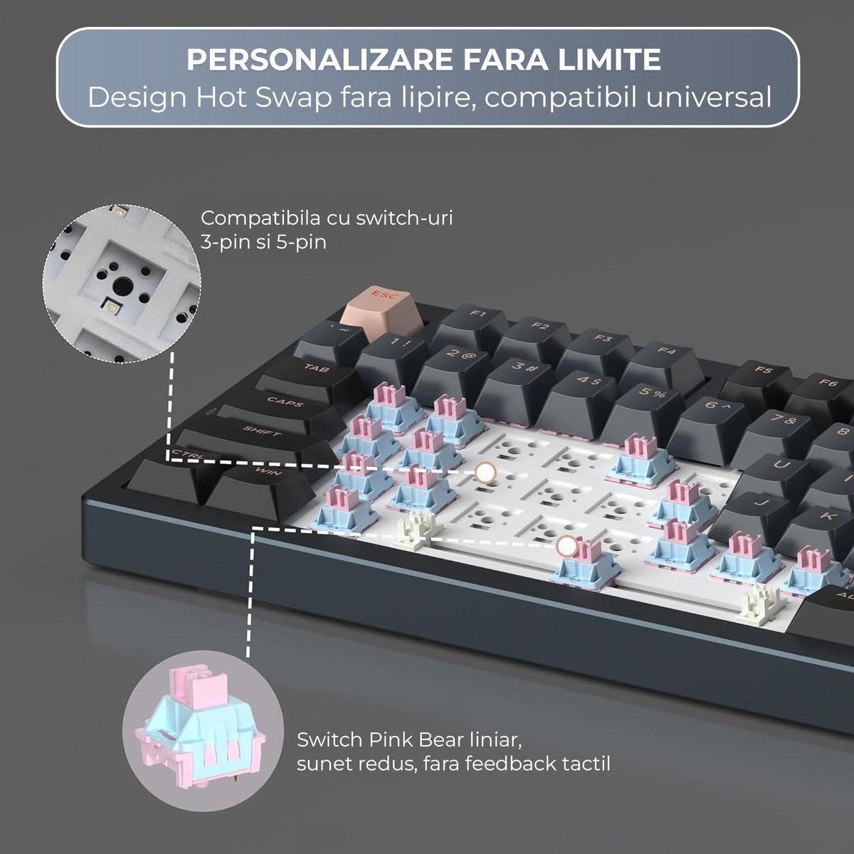 Tastatura Mecanica Wireless 75% Timebox, Hot-Swap, Gasket, Negru