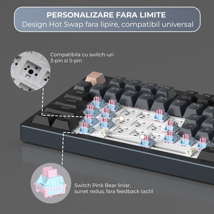 Tastatura Mecanica Wireless 75% Timebox, Hot-Swap, Gasket, Negru