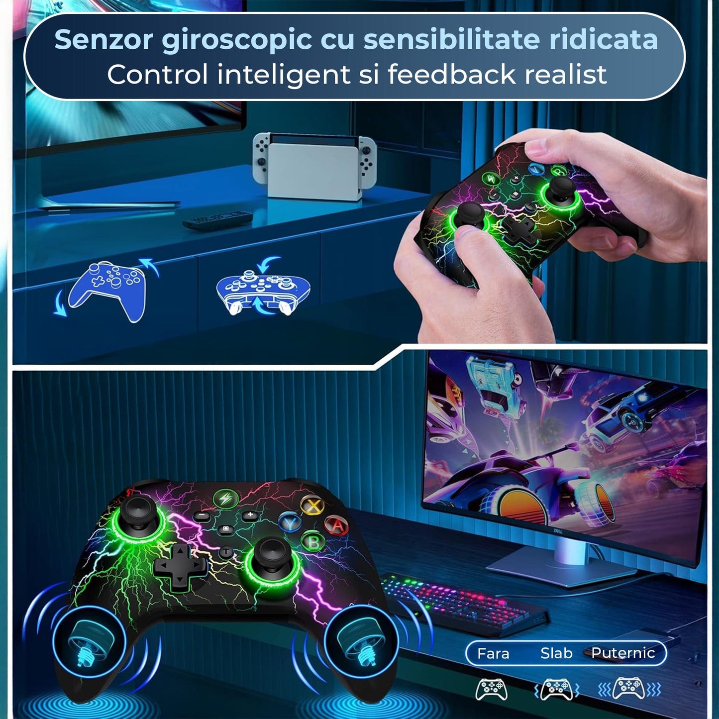 Controller Wireless Timebox, RGB, LED 9 Culori, Turbo Ajustabil, Vibratii, Negru