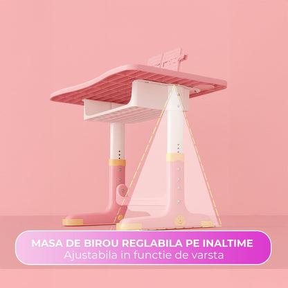 Set Birou Copii + Scaun, Reglabil 6-18 ani, Blat 70x45 cm, Roz