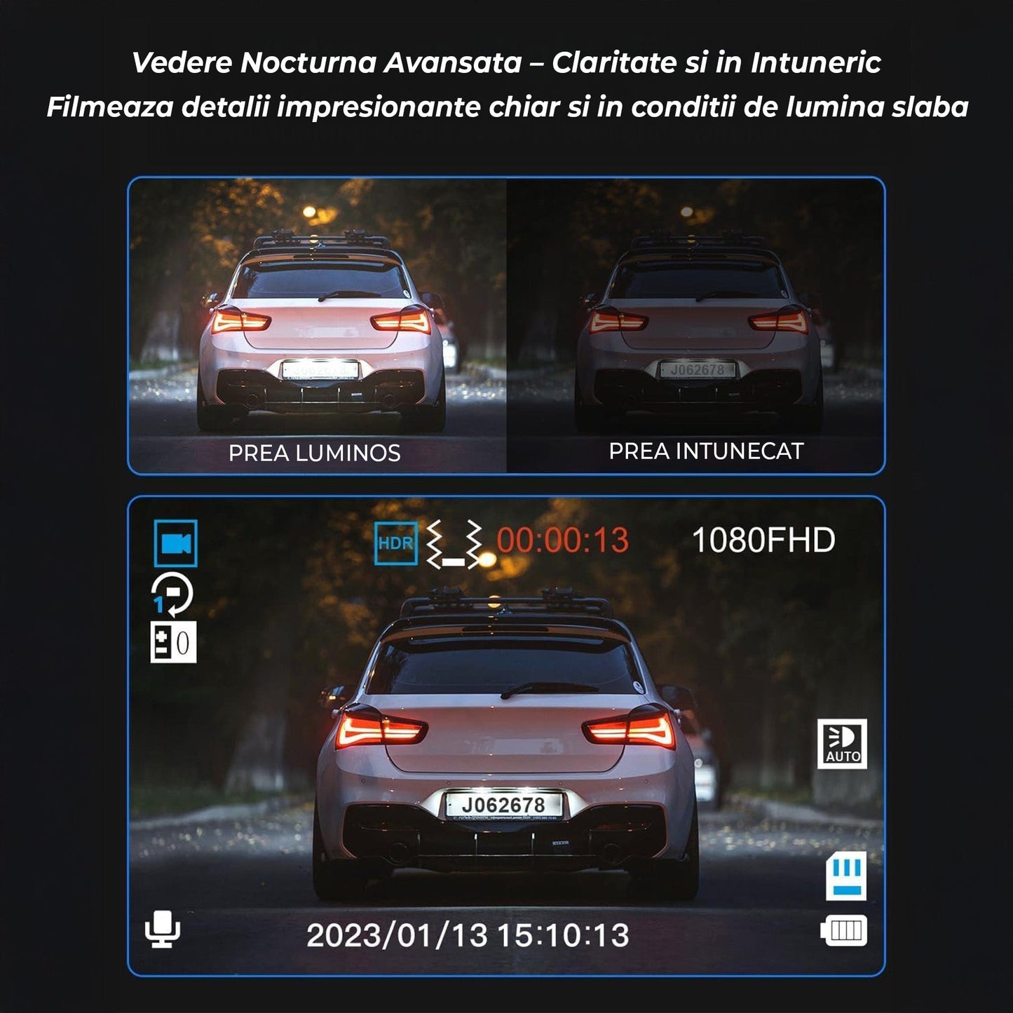 Camera Auto Tripla Timebox, Dash Cam Fata, Full HD 1080P, Negru