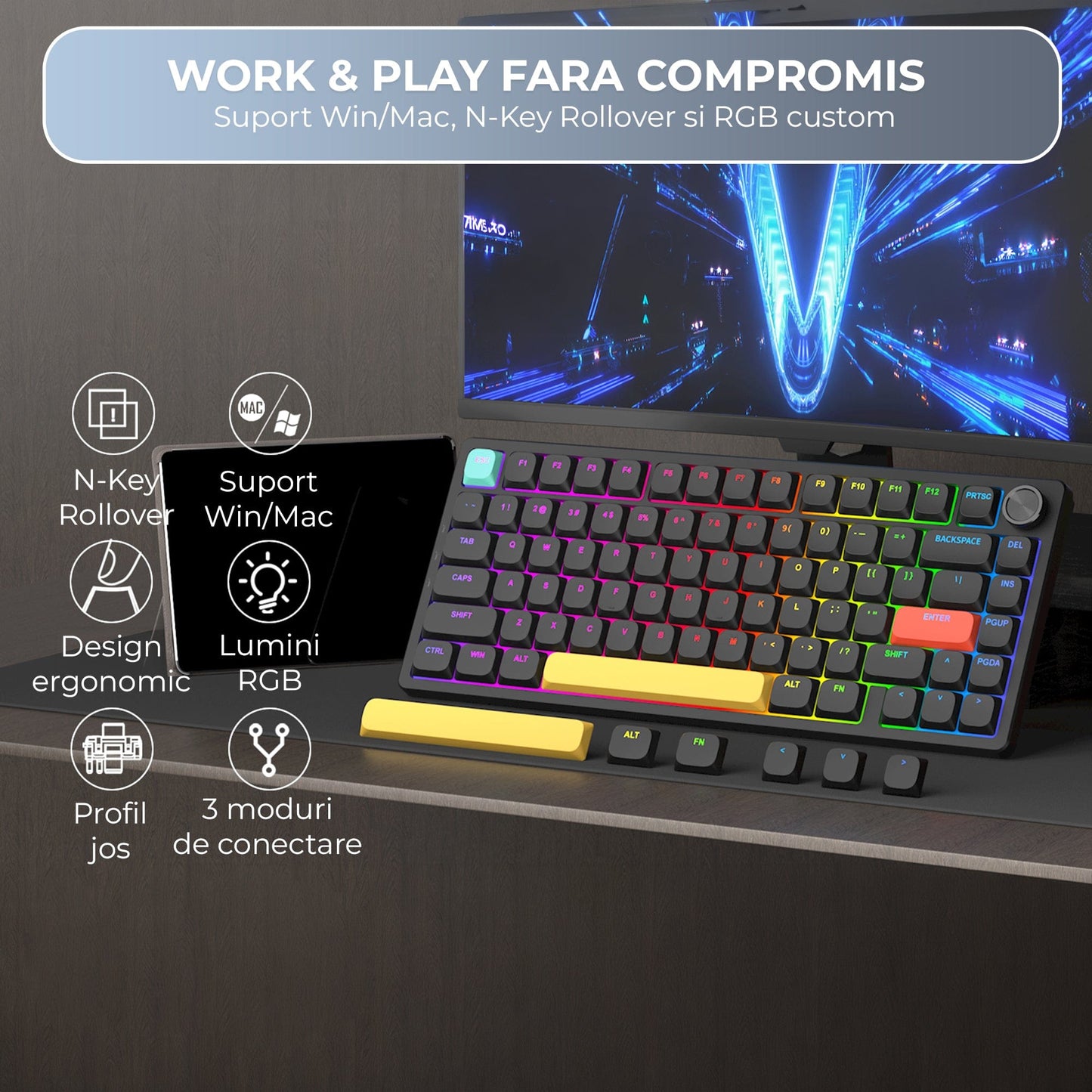 Tastatura Mecanica Ultra-Slim Wireless 75% Timebox, RGB, Low-Profile