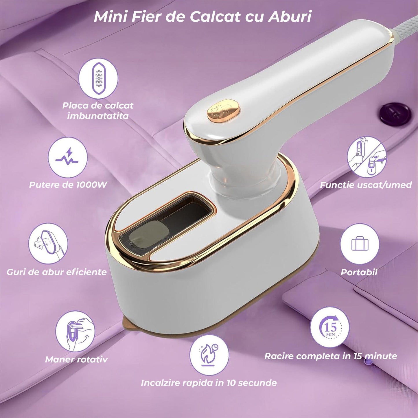 Mini Fier de Calcat si Steamer 2 in 1 pentru Calatorii, Incalzire Rapida 5s, Alb